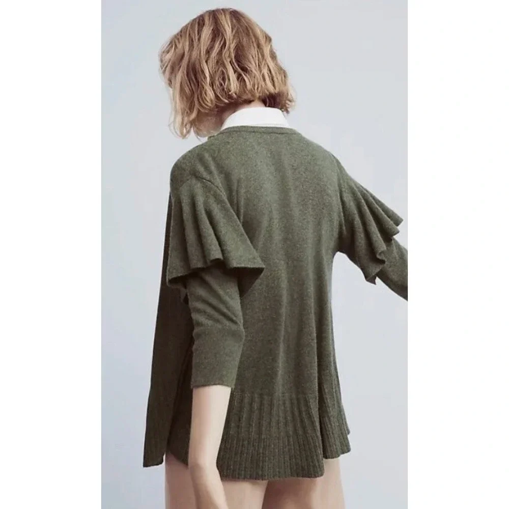 Left Of Center Cashmere Lambswool Cottagecore Cardigan‎ M Green Ruffled Sleeve